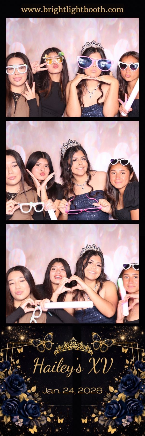 Friends posing for fun photo booth pictures during a quinceañera at Rancho Las Palmas in Perris, California