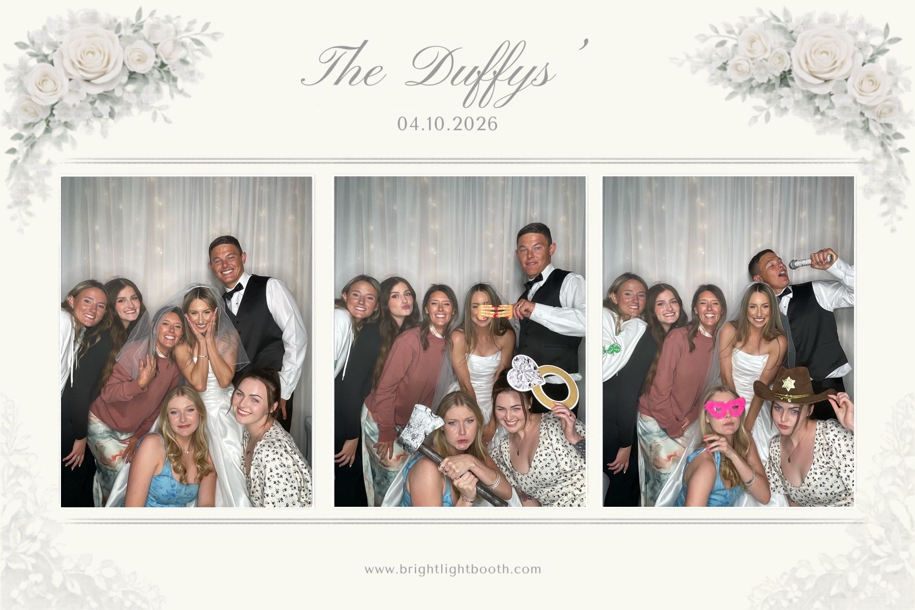 Wedding guests posing for a custom photo booth print at an estate wedding in Perris, CA