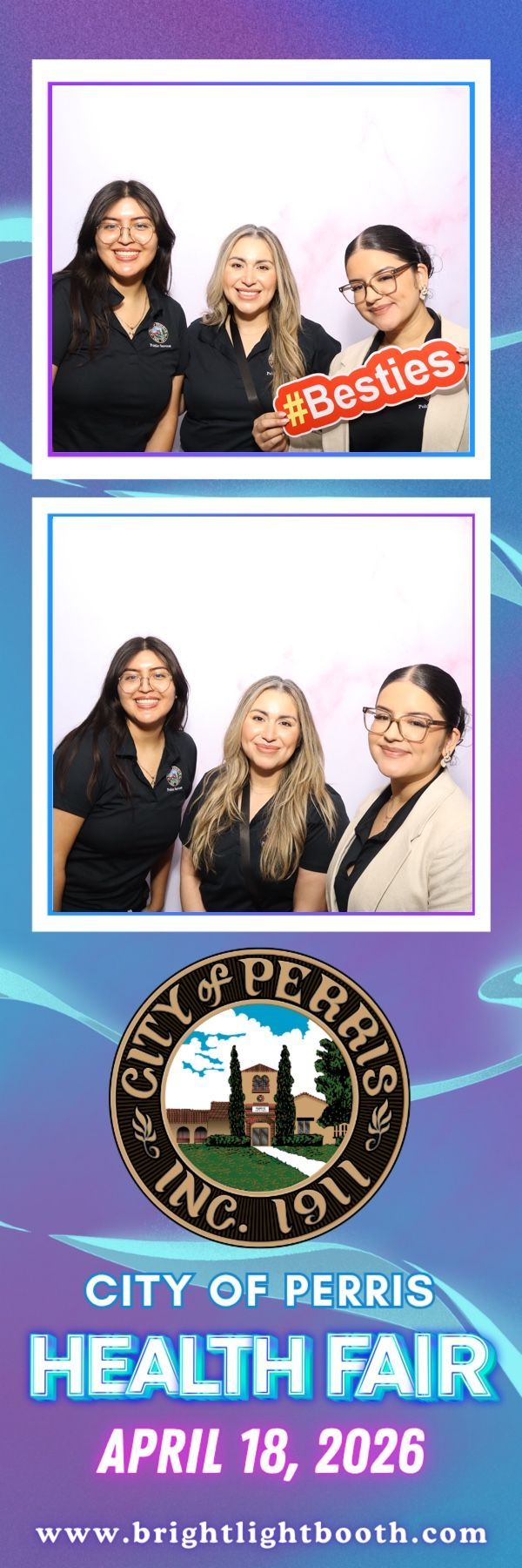 Friends posing at the photo booth during the City of Perris Health Fair 2026
