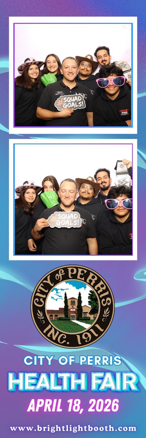 Group having fun with photo booth props at the City of Perris Health Fair 2026
