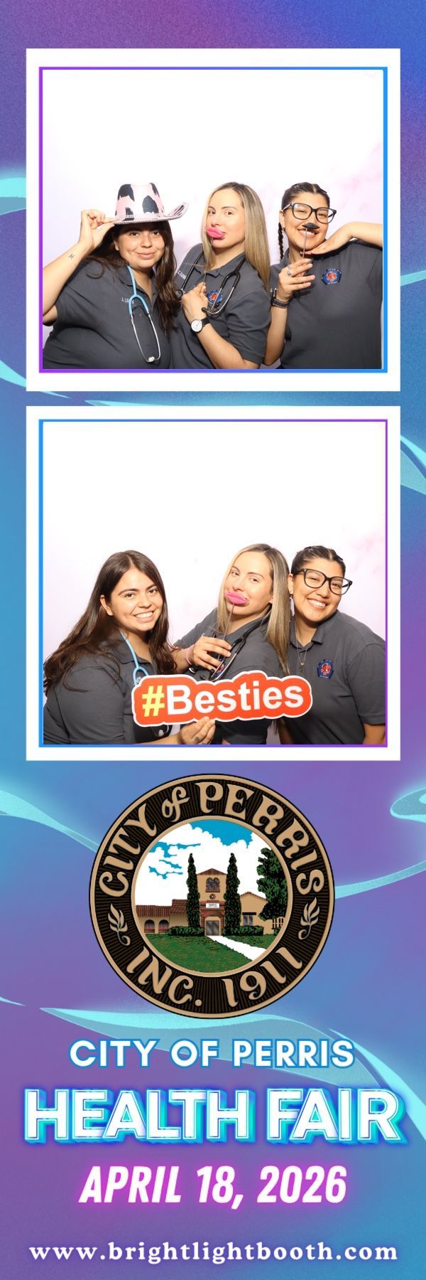 Guests posing with fun props at the City of Perris Health Fair photo booth