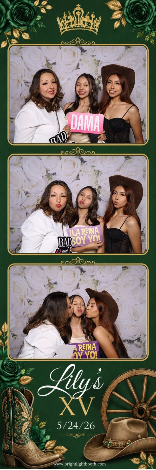 Quinceañera guests posing with fun props at Lily’s celebration