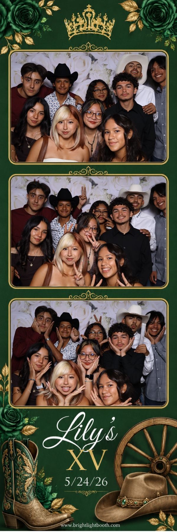 Friends celebrating Lily’s Quinceañera with fun photo booth pictures