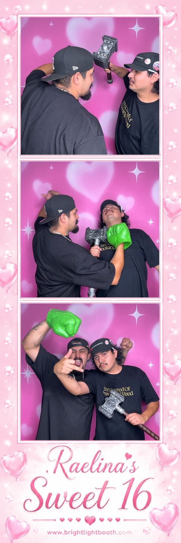 Guests having fun with Sweet 16 photo booth props at Raelina's birthday party in Yucaipa, CA