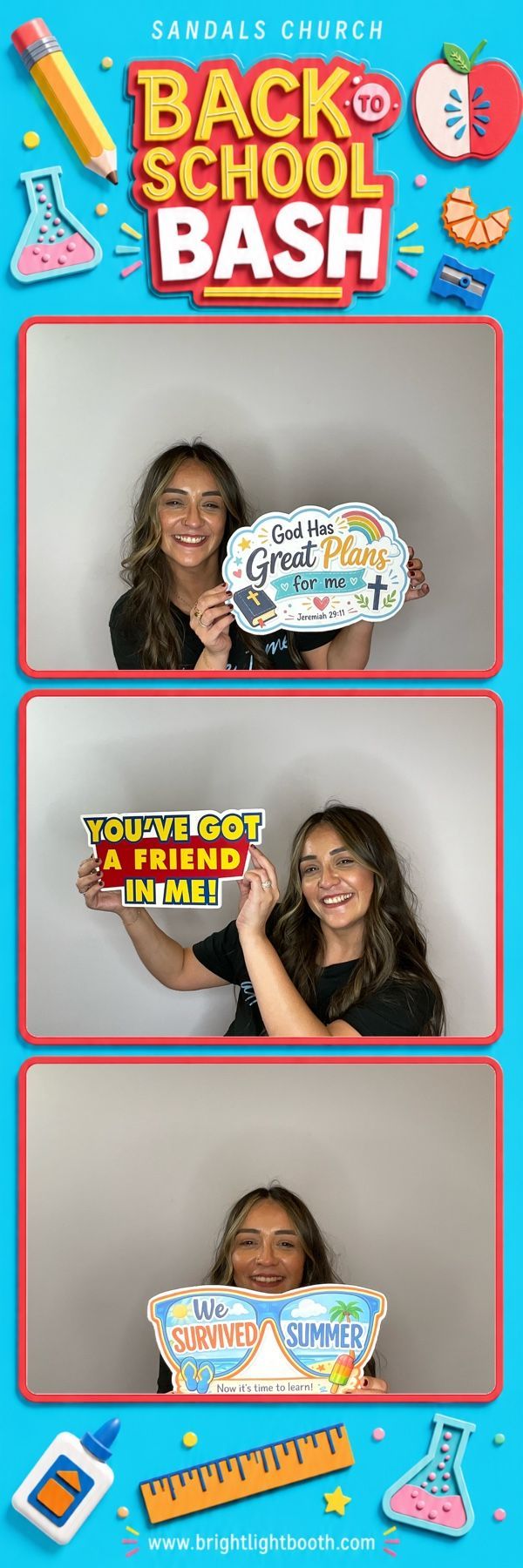 Guest posing with back-to-school props at a photo booth in Riverside, CA