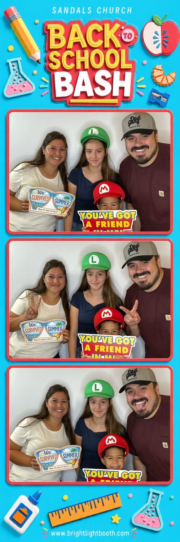 Family enjoying the Back to School Bash photo booth at Sandals Church in Riverside, CA