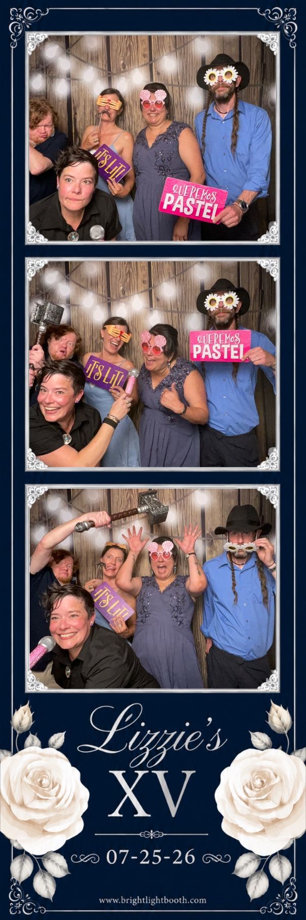 Guests having fun with photo booth props at Lizzie’s Quinceañera in Riverside, CA