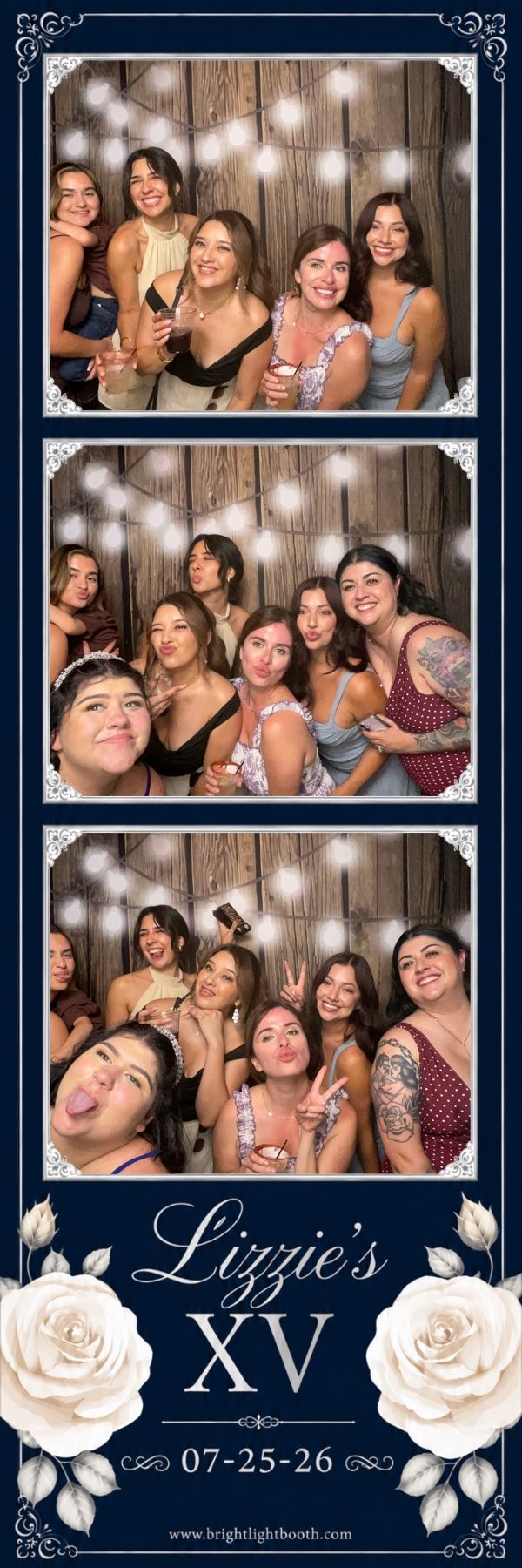 Friends celebrating Lizzie’s Quinceañera with photo booth pictures in Riverside, CA