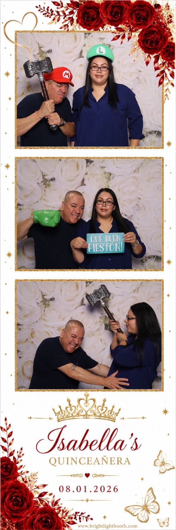 Guests making fun memories with Quinceañera photo booth props at London Garden in Moreno Valley, CA