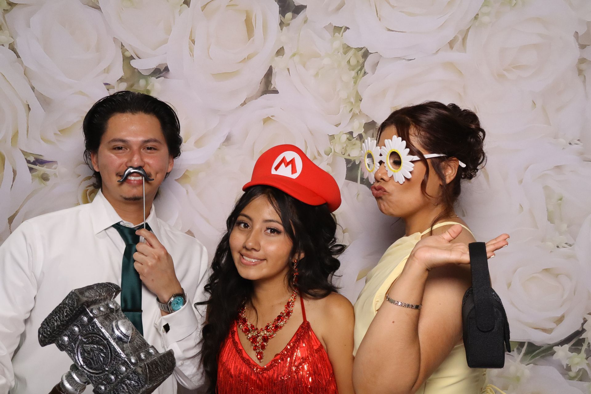 Luxury Quinceañera photo booth with White Rose backdrop at London Garden in Moreno Valley, CA