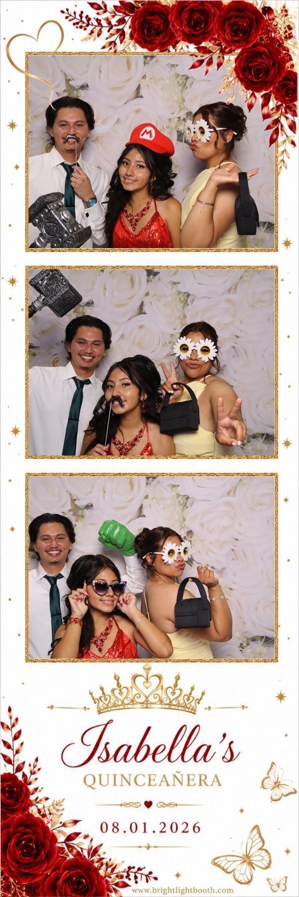 Luxury Quinceañera photo booth strip with guests posing using fun props at London Garden in Moreno Valley, CA