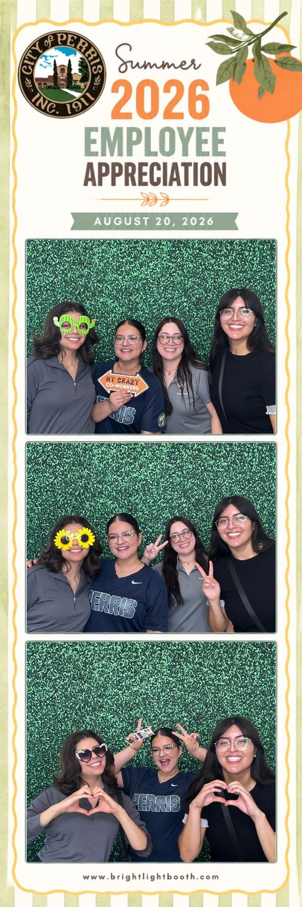 City of Perris employees enjoying the photo booth with Green Backdrop at employee appreciation event