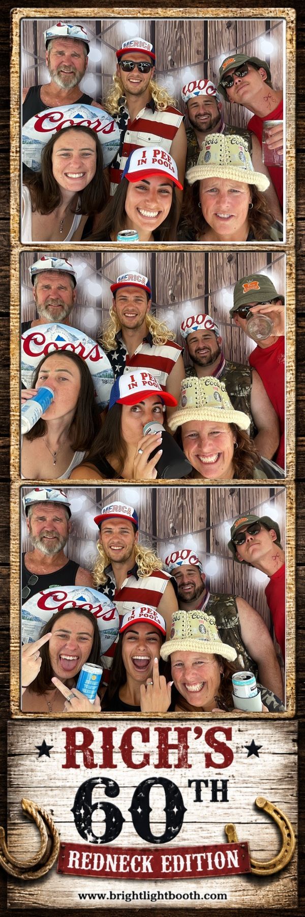 Friends posing for photo booth prints at Rich’s 60th birthday in Menifee, CA
