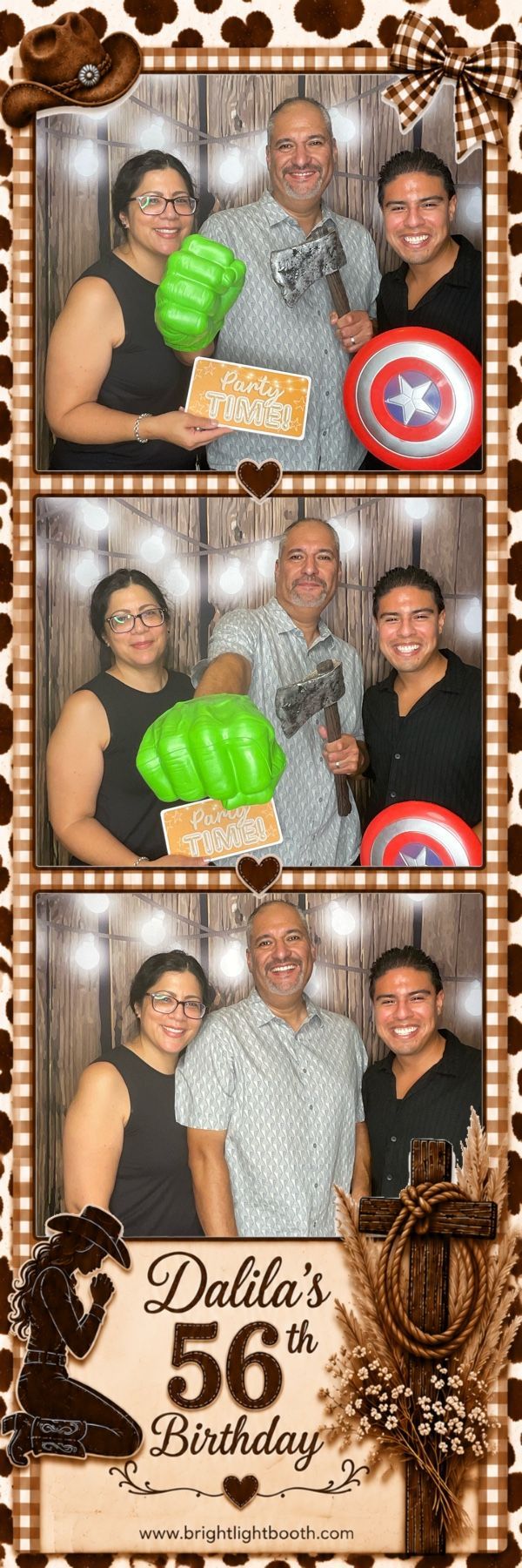 Family and friends enjoying the photo booth with fun props at Dalila’s 56th birthday party in Perris, CA