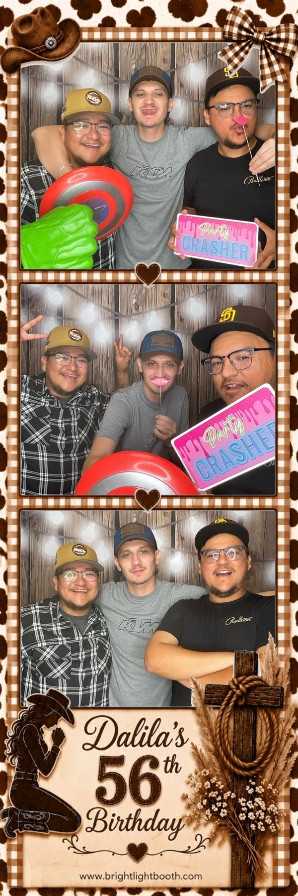Guests having fun with photo booth props during Dalila’s western themed birthday celebration in Perris, CA