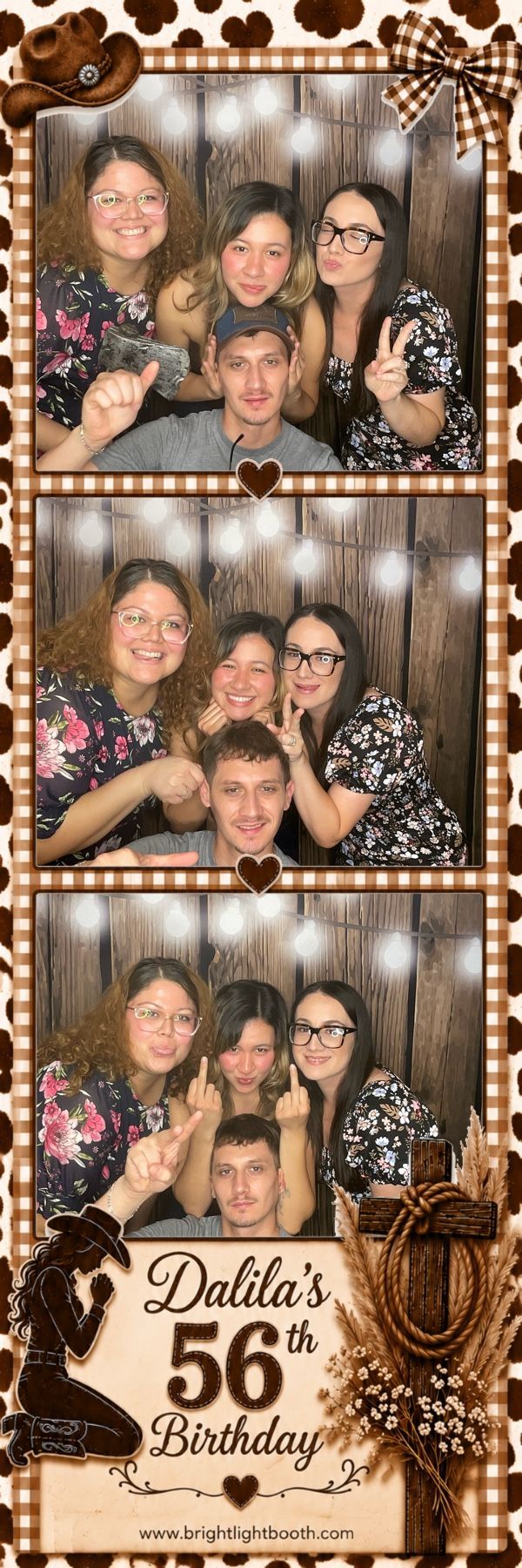 Guests posing for western themed photo booth pictures at Dalila’s 56th birthday celebration in Perris, CA