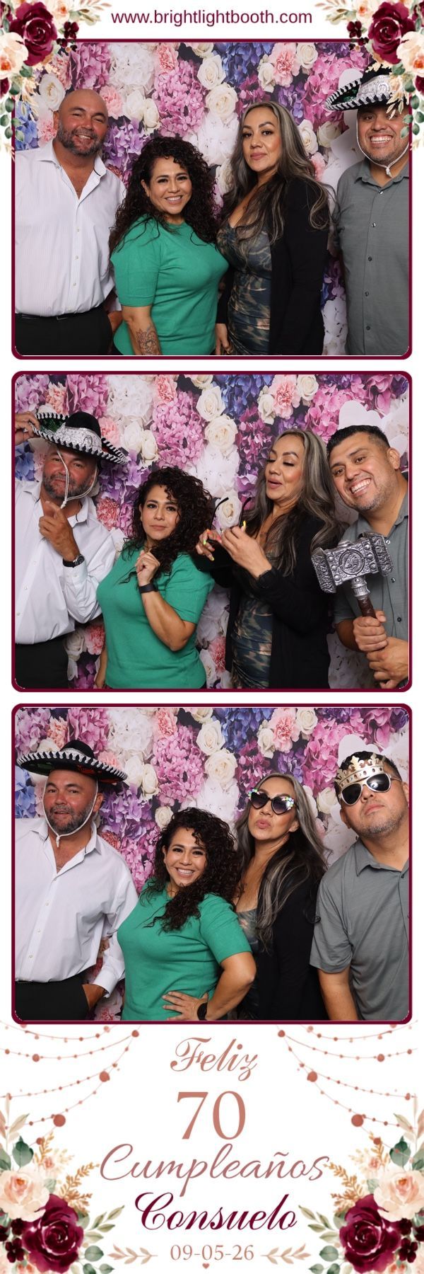 Family posing at Consuelo’s 70th birthday photo booth at Dos Lagos Golf Course