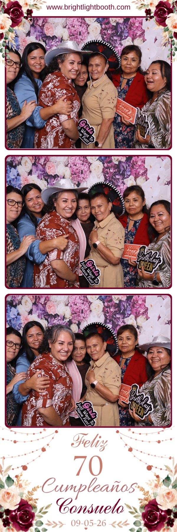Guests celebrating Consuelo’s 70th birthday with our photo booth in Corona, CA