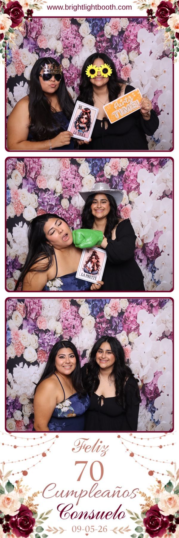 Guests having fun with birthday props at Consuelo’s 70th birthday photo booth