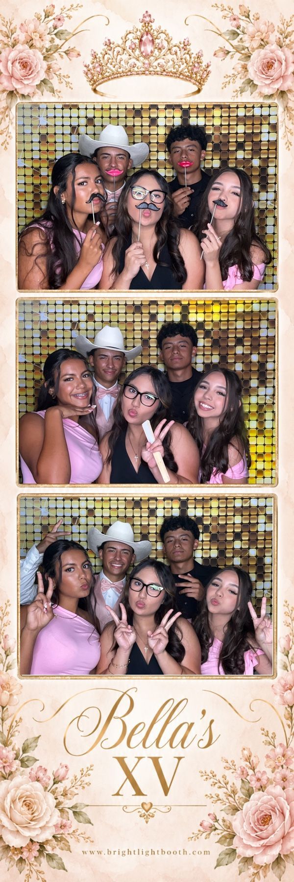 Guests posing with fun props in a custom 2x6 photo strip at Isabella’s Quinceañera in Perris, CA.