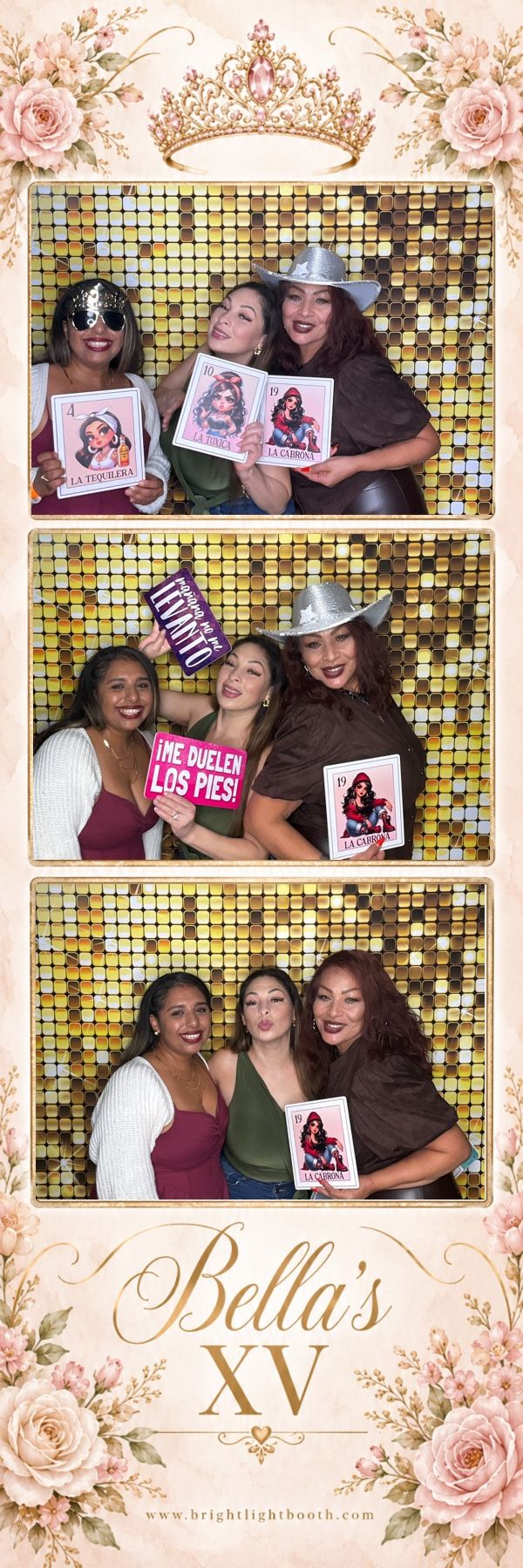 Guests enjoying personalized photo strips with a gold shimmer backdrop at Isabella’s Quinceañera.