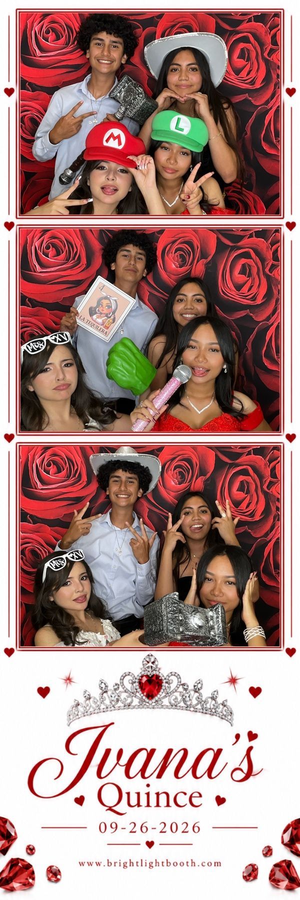 Guests wearing Mario-themed props on a custom photo strip at Ivana’s Quinceañera in Perris, CA.