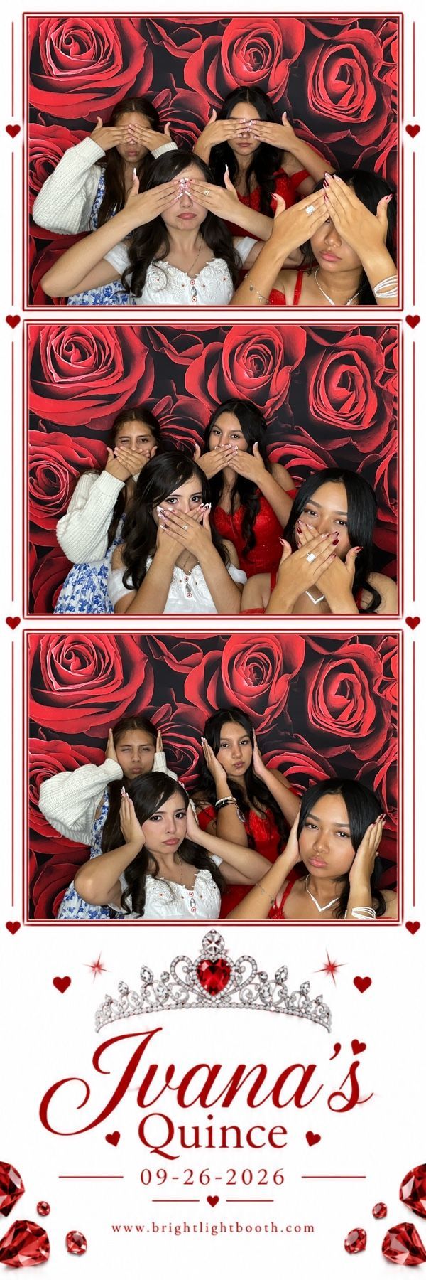 Friends making playful poses on a custom 2x6 photo strip at Ivana’s Quinceañera in Perris, CA