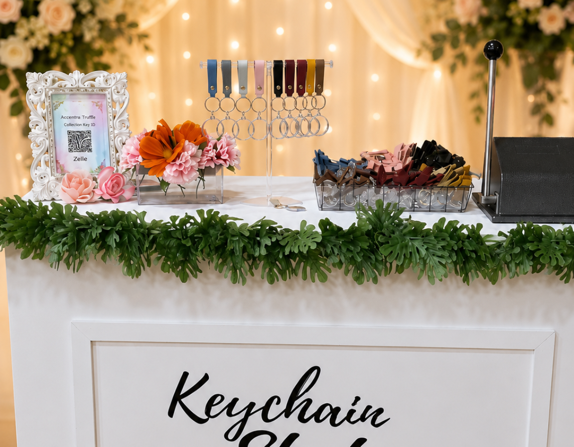 Personalized photo keychains created at a wedding reception