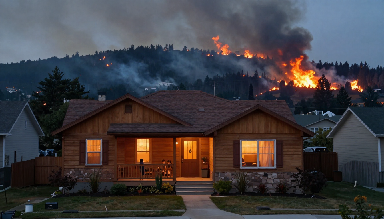 House in foreground with wildfire flames and smoke on a hillside at dusk