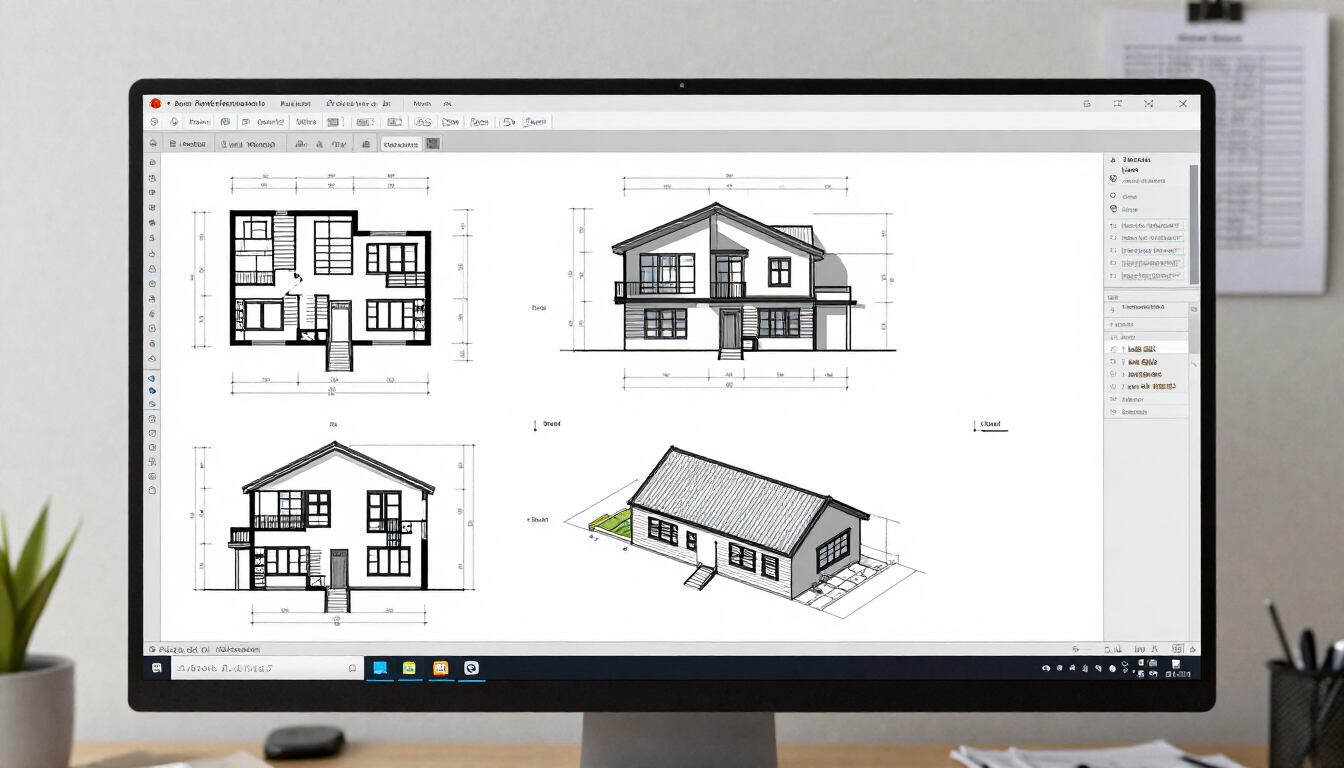 Computer monitor displaying architectural house floor plans and elevation drawings with Revit