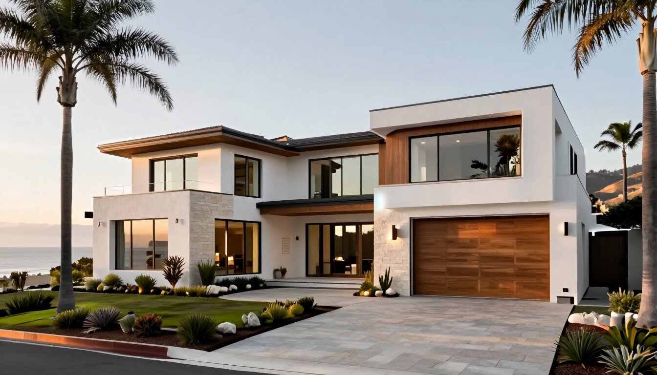 Modern two-story luxury house with wood garage, palm trees, and a driveway at sunset