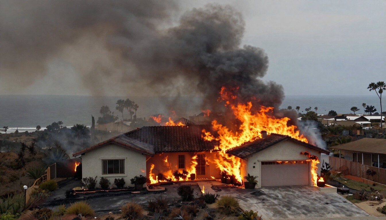 House engulfed in flames with thick black smoke rising in a residential neighborhood at dusk