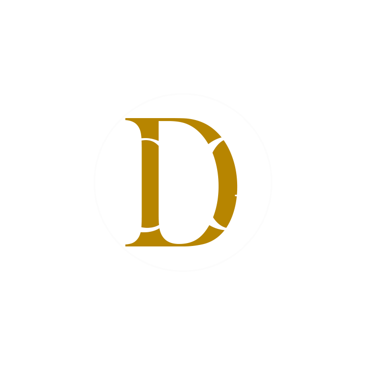 A gold letter d on a white background