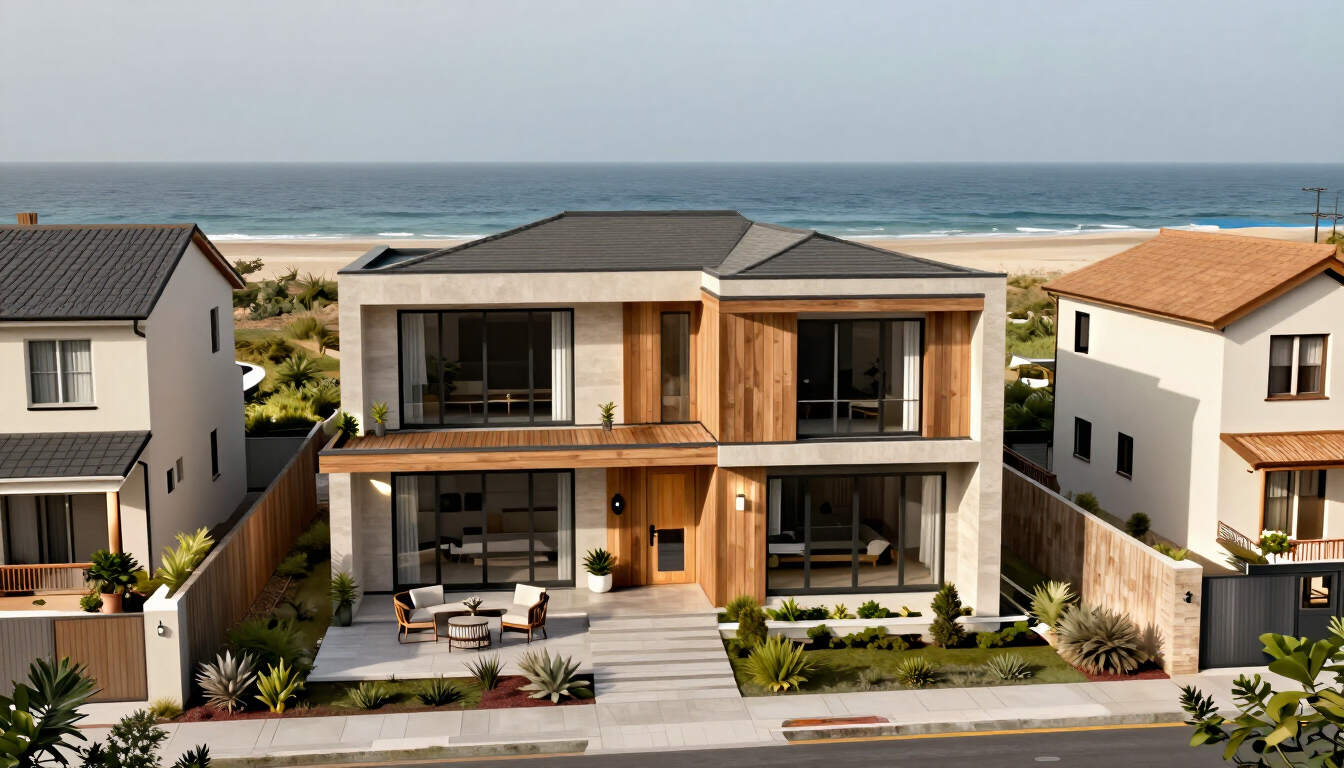 Modern beachfront two-story house with wood facade and ocean view, flanked by neighboring homes