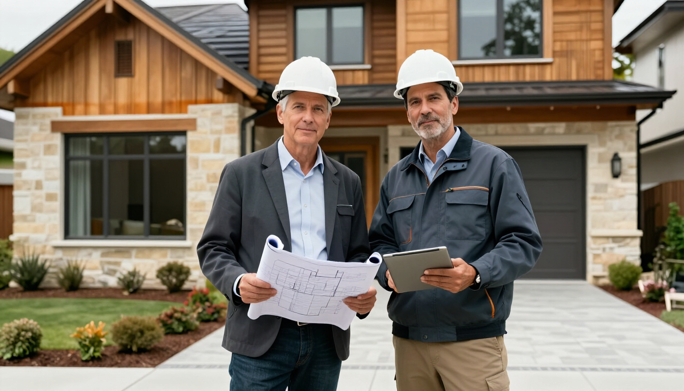Two construction inspectors in hard hats review plans outside a modern house