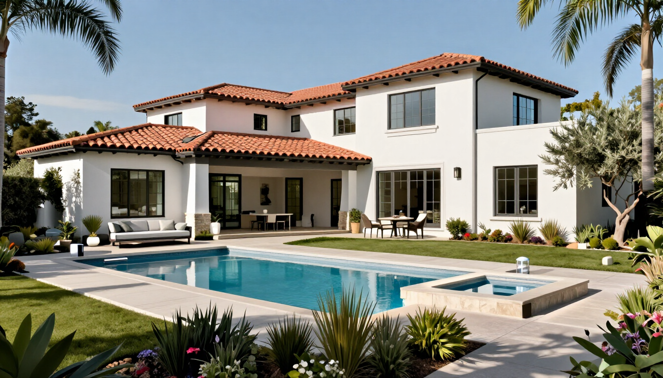 Modern white stucco house with red tile roof, pool, and landscaped backyard in sunlight