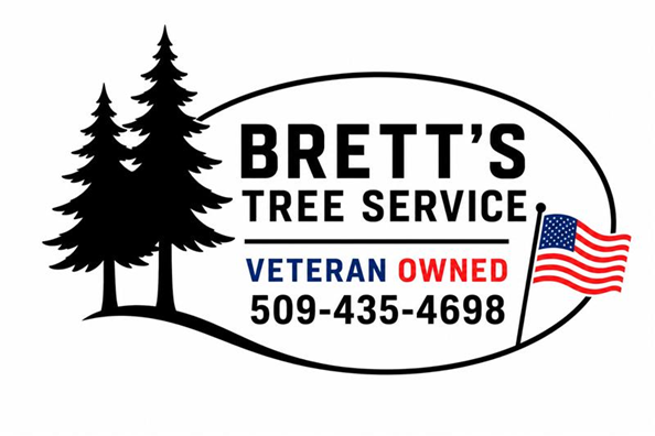 Brett’s Tree Service logo with black pine trees, red-white-blue flag, and phone number 509-435-4698