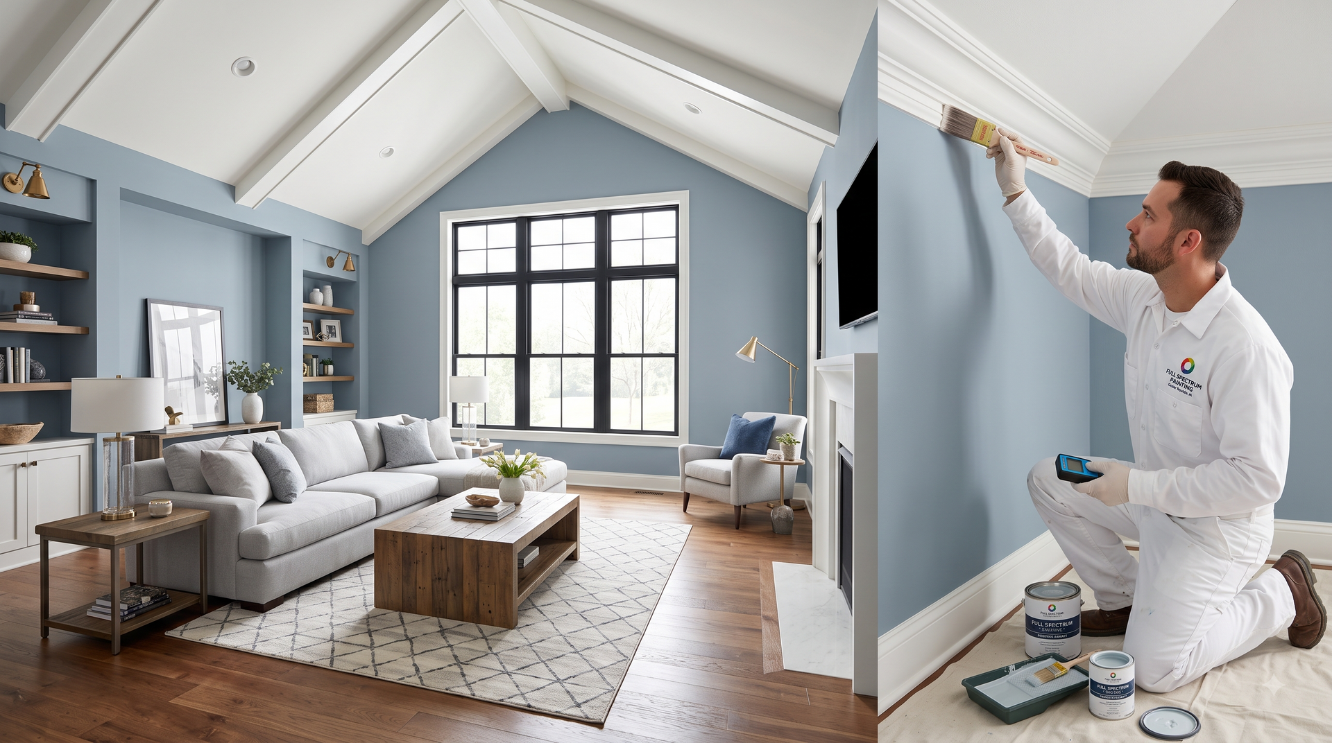 Interior painter painting a light blue living room wall beside a gray sofa and window.