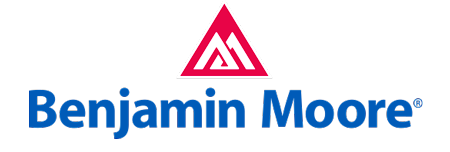 Benjamin Moore logo in blue text with a red geometric roof icon above it.
