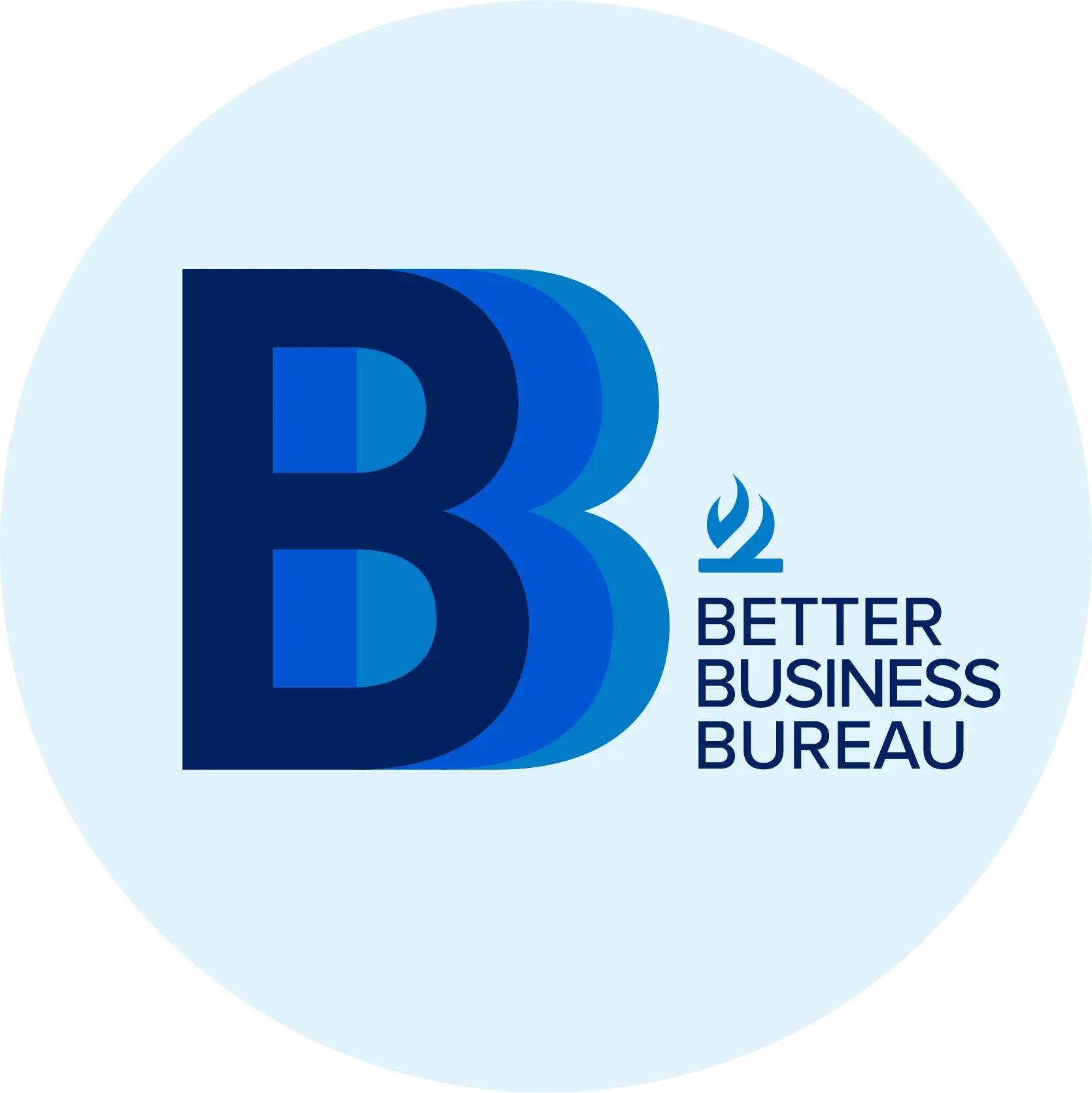 Better Business Bureau logo with blue “B” and text on a light blue circle background
