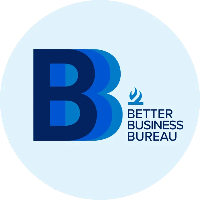 Better Business Bureau logo with blue “B” and text on a light blue circle background