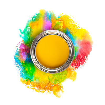 Open paint can with yellow paint, surrounded by colorful paint splashes.