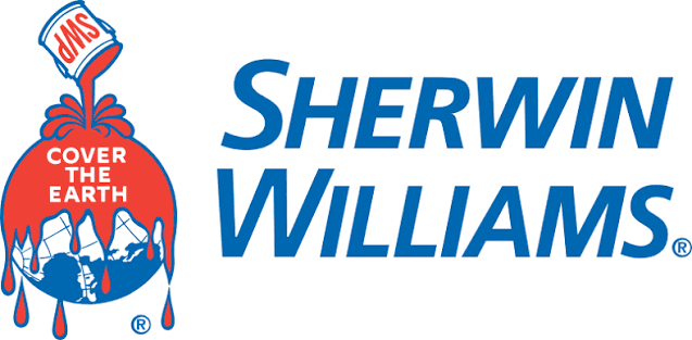 Sherwin-Williams logo with red paint can pouring onto a blue “Cover the Earth” globe