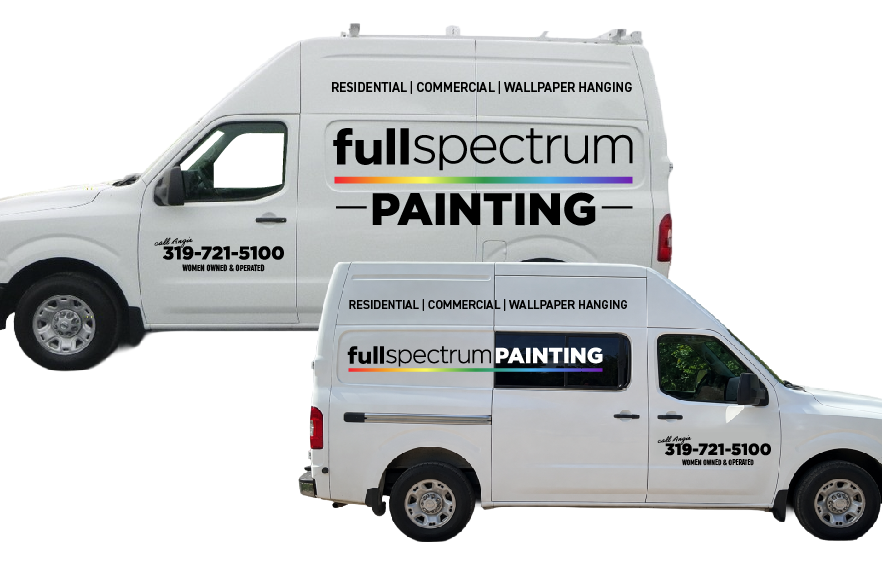 Two white Full Spectrum Painting service vans with company logos and contact info, one larger and one smaller.