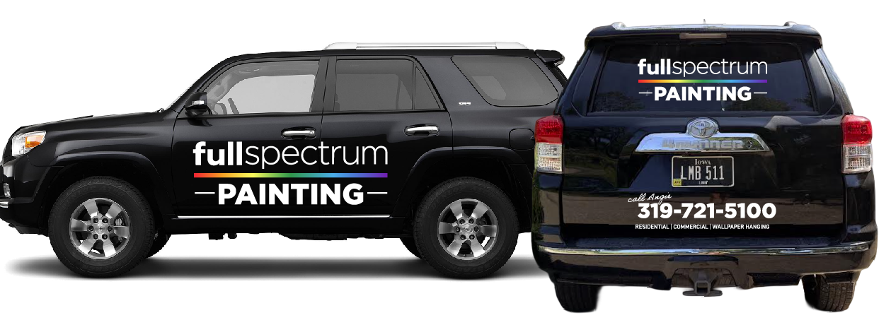 Black SUV and trailer with Full Spectrum Painting company branding and phone number displayed.