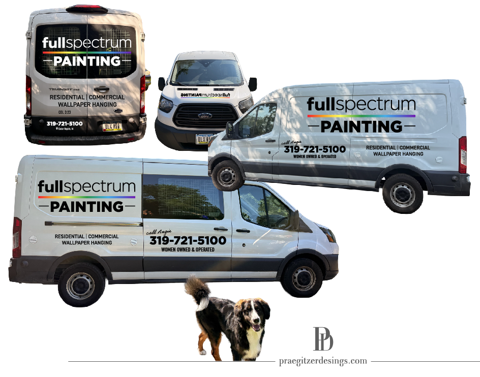 Three white Full Spectrum Painting vans with blue logos, plus a black-and-white dog in front.