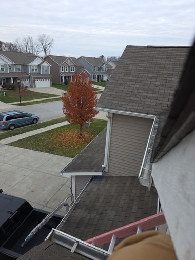 View from an upper-floor window over suburban houses, a driveway, and an autumn tree.