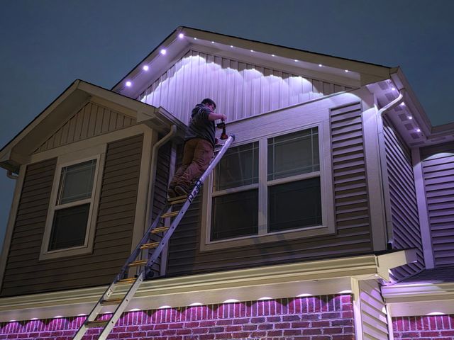 Person on a ladder decorating a house roof with purple holiday lights at night