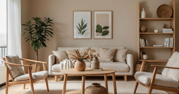 Cozy beige living room with sofa, armchairs, plants, wall art, and wooden shelf accents