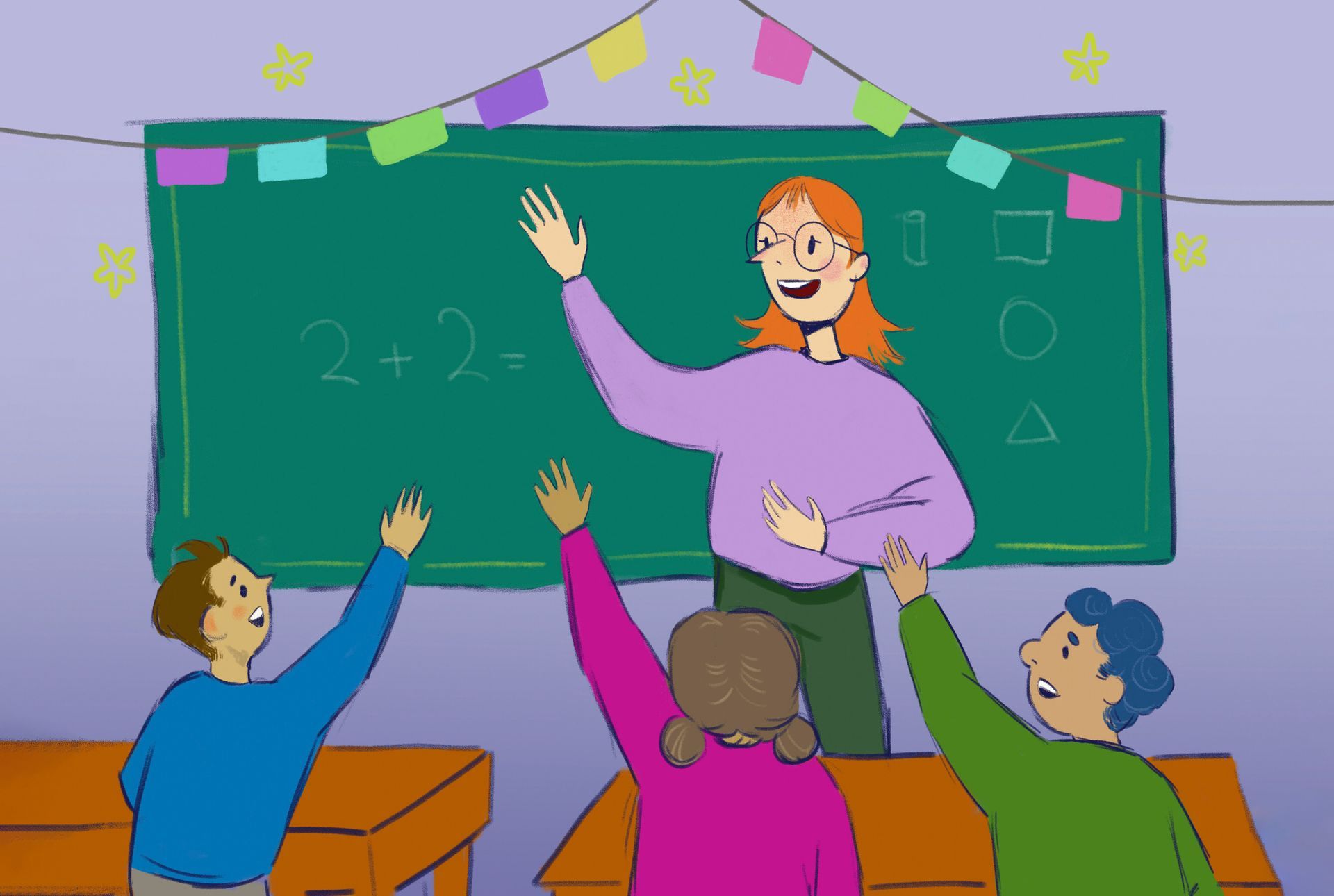 Teacher in classroom with students, writing on chalkboard